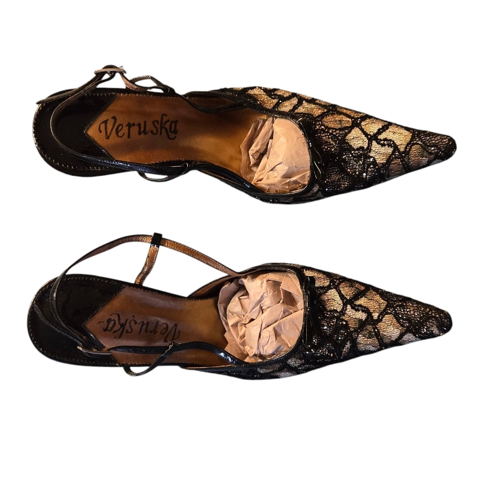 Vintage Veruska Womens Black Gold Silver Fabric Patent Leather Heels Size 38
